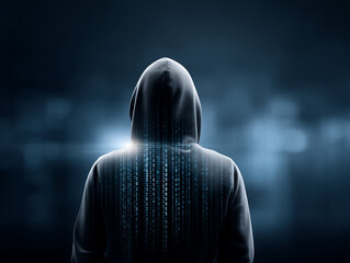 A silhouette of a hooded hacker hiding identity representing a threat of cyberattack and data proction.