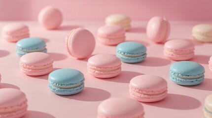 Fototapeta premium Vibrant French Dessert Macarons: Pink and Blue Sweet Treats in Creative Pastry Confectionery Display with Floral Arrangement