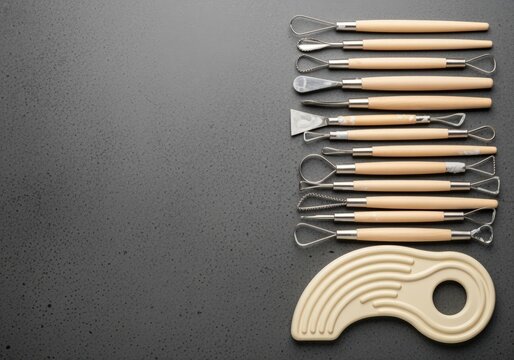 Professional pottery and clay sculpting tools arranged