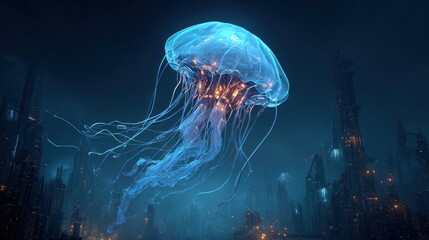 Surreal underwater cityscape with a glowing jellyfish floating above futuristic buildings
