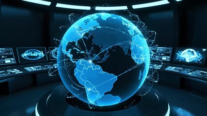 Global Technology Abstract Background showing the Earth in a virtual control center perfect for presentations about global communication and futuristic technology concepts. - Powered by Adobe