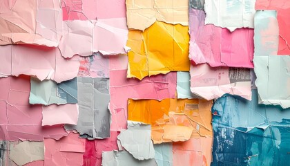 Abstract background of colorful torn and crumpled paper collage textures. Creative wallpaper design with layers of ripped paper in pink, yellow, and blue, creating a vibrant, artistic surface.