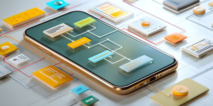 Digital interface design displayed on a smartphone sreen showcasing flowchart lements and interactive fetures