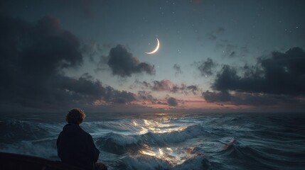 Contemplative figure gazing at the moonlit ocean under a starry night sky