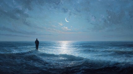 Solitude by the Sea: A Contemplative Figure Gazing at the Crescent Moon Over the Ocean