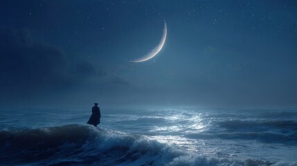 Mystical Seascape with Figure Gazing at Crescent Moon Under Starry Night Sky