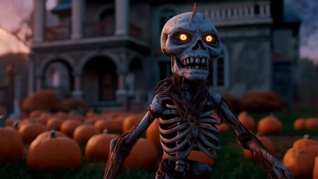 A skeleton with glowing eyes stands in a pumpkin patch near a spooky looking haunted house at dusk halloween zombie video