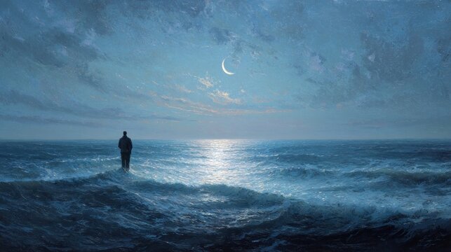 Solitude by the Sea: A Contemplative Figure Gazing at the Crescent Moon Over the Ocean - Powered by Adobe