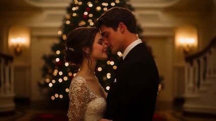 Romantic couple sharing an intimate moment in front of a beautifully decorated Christmas tree - Powered by Adobe