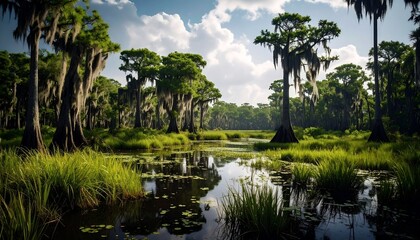 Scenic cypress swamp with reflections and abundant vegetation landscape