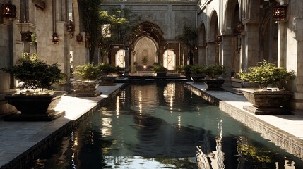 Serene courtyard with reflecting pool in old architecture shows nature harmony