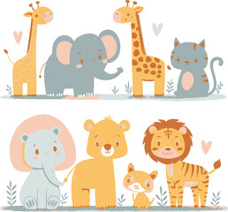 Fototapeta premium Vector art of group of adorable cartoon safari animals on