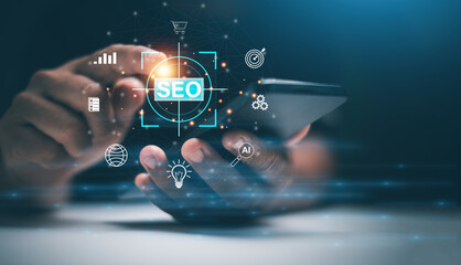Modern digital marketing concept with search engine optimization. Artificial intelligence and analytics icons. Businessman using smartphone for digital SEO technology. SEO for target of business.