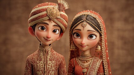 Charming cartoon Indian couple adorned in traditional wedding attire with warm expressions