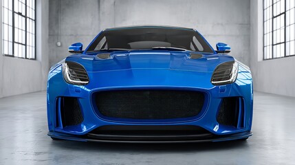 Front view of sleek, blue sports car in modern, concrete studio space