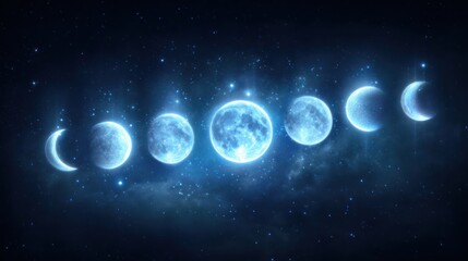 The lunar phase sequence beautifully illustrates the moon's journey across the night sky