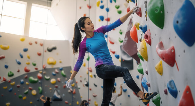 A determined woman scales a vibrant indoor climbing wall, her body in dynamic motion, a powerful moment of strength, determination, and focus in her fitness journey. - Powered by Adobe