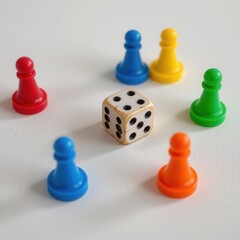 Colorful Game Pieces and Dice on White Background for Fun Playtime