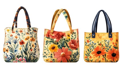Floral Tote Bags Watercolor style set on white background with perfect for summer shopping.