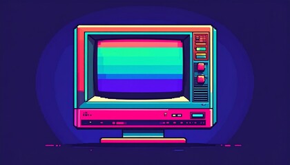 Retro pixelated television displaying horizontal rainbow color bars art