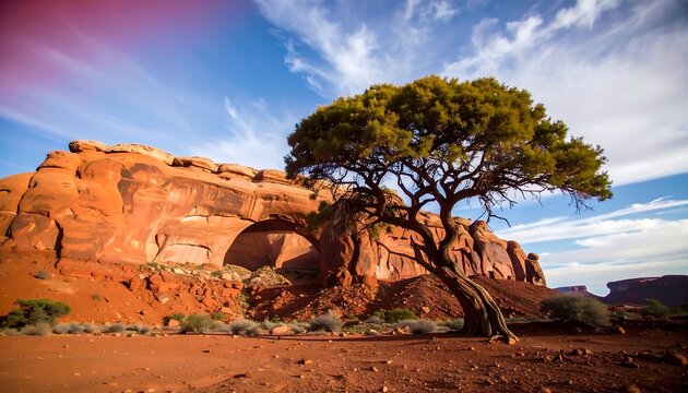Scenic monument valley landscape with sandstone arch and solitary tree