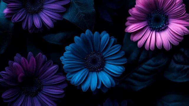 Vibrant close-up of blue and pink gerbera daisies against dark foliage background