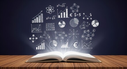 Open book illuminating abstract scientific and business diagrams