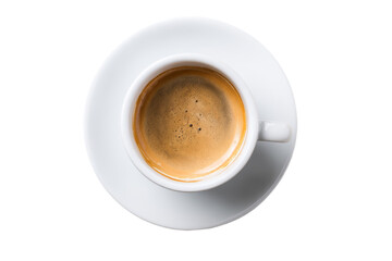 A white coffee cup with a brown liquid in it