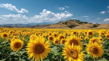 Obraz premium Scenic Sunflower Field Under Blue Sky with Clouds and Rolling Hills in Background