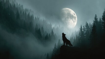 Wolf howling at the moon in a misty forest at night evoking solitude