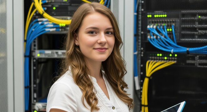 Young woman smiling confidently in a server room, holding a tablet.