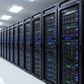 Modern Data Center with High-Tech Server Racks and LED Indicators
