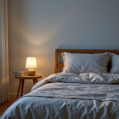 Cozy Bedroom with Soft Lighting and Neatly Made Bed Linens