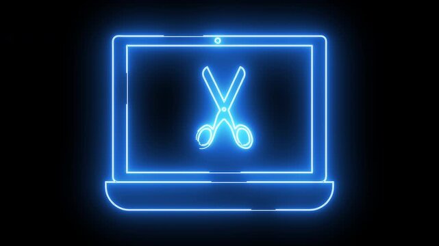 laptop icon and scissors icon with neon effect