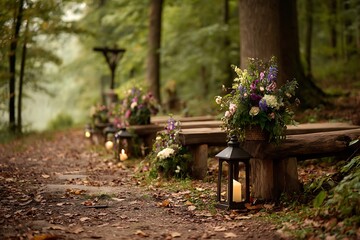 Forest Wedding Ceremony Rustic benches  floral arrangements with fall setting.