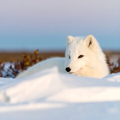 Naklejka premium Arctic fox resting in snow, golden light