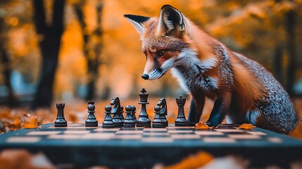 Fox Contemplating Chess Moves in Autumn Forest with Nature  Strategy.