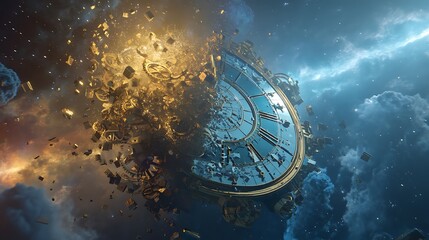 Surreal depiction of a clock disintegrating in a cosmic landscape with swirling galaxies