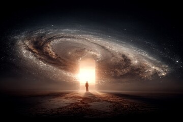 Fototapeta premium Cosmic gateway: silhouette of person standing before galactic spiral and luminous doorway