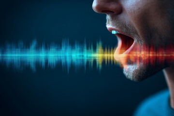 Male adult speaking with visual sound waves in motion on blue background