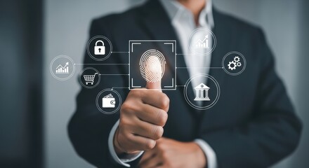 Businessman using fingerprint scan for secure digital access and personalized service