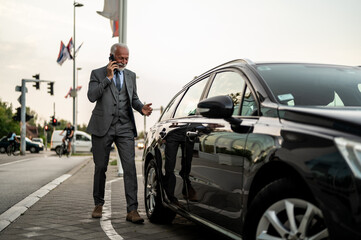 Senior businessman making a phone call next to his car