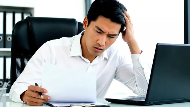 Business professional sits at office desk, reviewing documents and working on a laptop while appearing deep in thought, representing workplace stress, focus, and determination in a contemporary busine