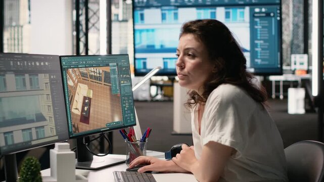 Real estate developer reviews architectural layouts on dual monitors, planning interior design structure for commercial property projects. Site preparation on digital software. Camera B.