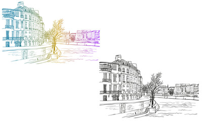 Fototapeta premium Romantic view of old Paris and river Seine. Paris, France. Hand drawn sketch. Line art. Colorful and Black and White Vector background. For illustration and romantic Postcards.