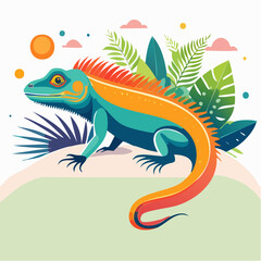 Obraz premium Colorful Tropical Iguana Lizard on Green Background