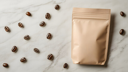 Coffee Beans and Bag on Marble Surface