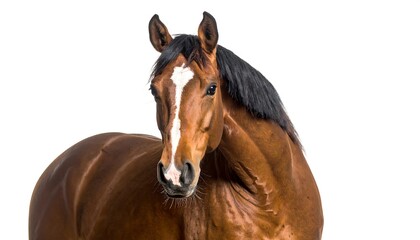 Close-up of a brown horse's head and shoulders