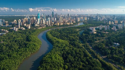 Obraz premium Breathtaking aerial view capturing the Edmonton skyline with lush river valley