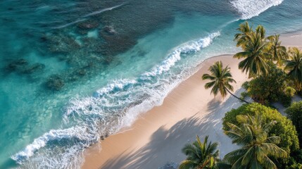 Aerial view of pristine tropical beach with turquoise water and palm trees